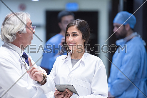 portrait of middle eastern team of doctors in a large modern clinic, two in front of the other
