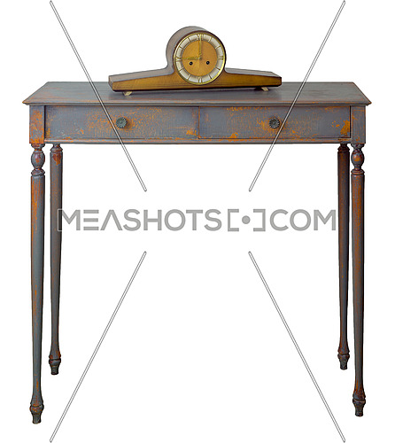 Vintage Furniture - Old style desktop clock on the top of retro wooden vintage table with two drawers painted in grey and orange isolated on white, including clipping path