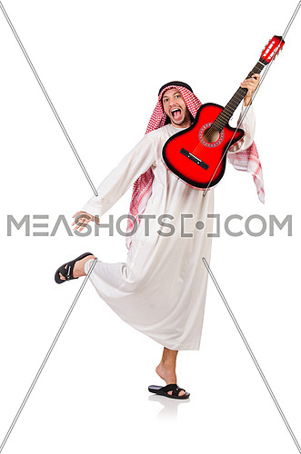 Arab man playing guitar isolated on white