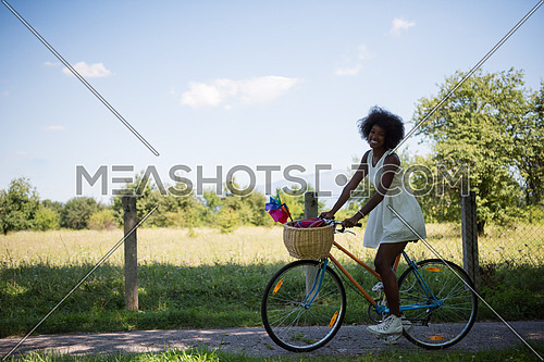beautiful young African American women enjoy while riding a bicycle in the woods on a sunny summer day