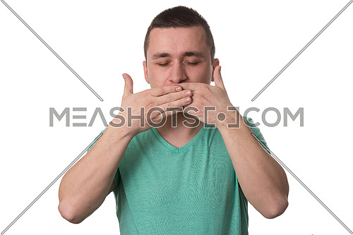 Portrait Of Young Man Covering With Hand His Mouth - Isolated On White Background