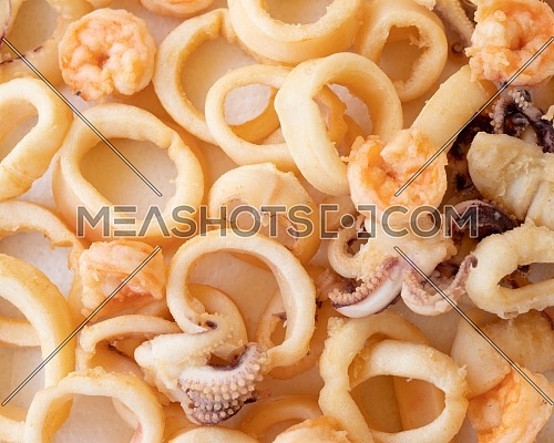 fried squids or octopus (calamari) and prawns, isolated on white background