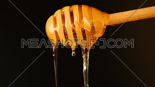 Close up fresh thick fluid acacia honey pouring and flowing from wooden dipper spoon over black background with copy space, low angle side view