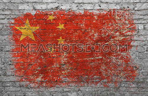 Grunge distressed flag of China painted on old weathered grey brick wall