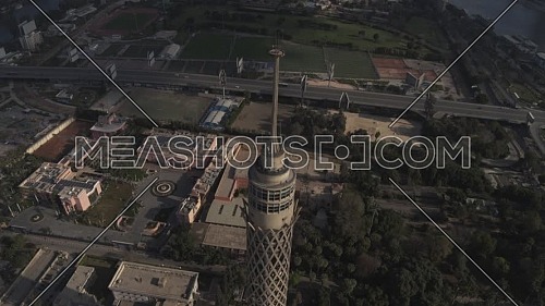 Aerial shot flying over Cairo Tower during the corona pandemic lockdown by day 10 April 2020

