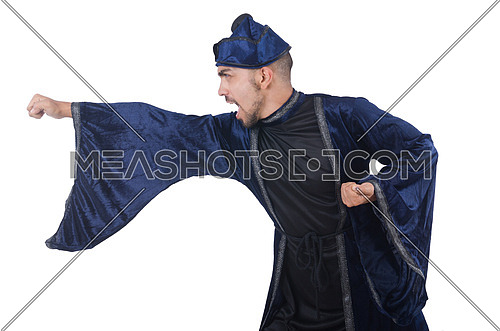 Old martial arts master in blue kimono on white