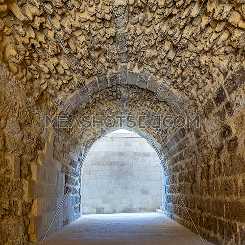 Mamluk era arched stones tunnel leading to Al-Muayyad Bimaristan (ancient hospital), Darb El Labbana district, Cairo, Egypt
