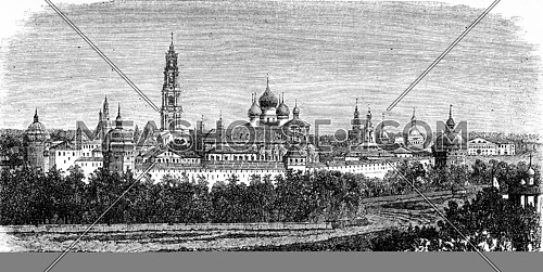 View of the convent of Troitsa. vintage engraved illustration. Le Tour du Monde, Travel Journal, (1872).