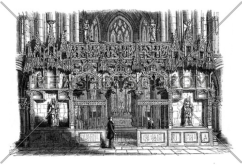 Rood loft of the church of Sainte-Madeleine, Troyes, vintage engraved illustration. Magasin Pittoresque 1847.