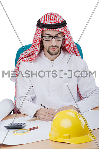 Young arab architect isolated on white