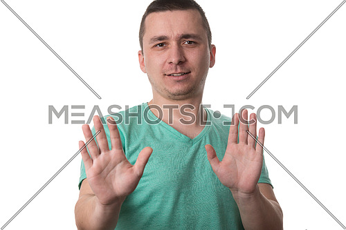 Afraid Man In Defense Attitude Gesturing Stop With Hands - Isolated On White Background