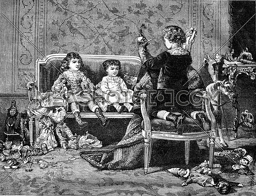 Puppets, painting by Maurice Leloir, vintage engraved illustration. Magasin Pittoresque 1880.