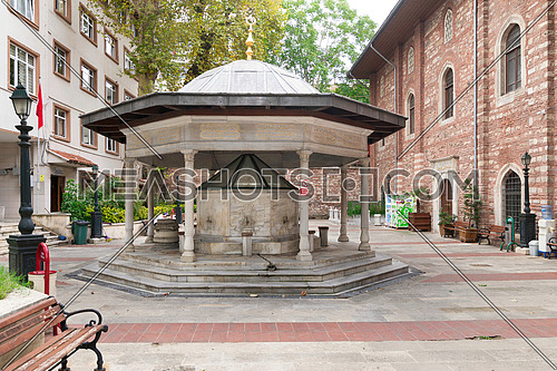 Istanbul, Turkey - August 31, 2022: Courtyard of Arap Mosque, or Arap Camii, formerly a Roman Catholic church, suited in Karakoy neighborhood, Beyoglu district, Istanbul, Turkey