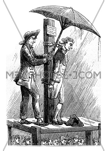 Dr. Shebbeare pillory (1758). Print the eighteenth century, vintage engraved illustration. Magasin Pittoresque (1882).
