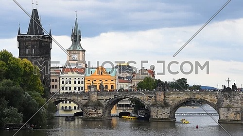 High angle panoramic view of Prague old town and Charles Bridge over Vltava river sunny day