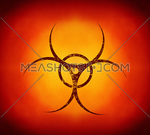 Dark red biohazard warning sign painted over grunge yellow background with copy space