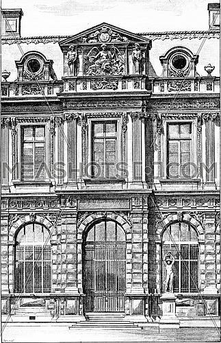 FaÃ§ade of the Henry IV Gallery at the Jardin de l'Infante at the Louvre Museum in Paris, France. Vintage engraving.