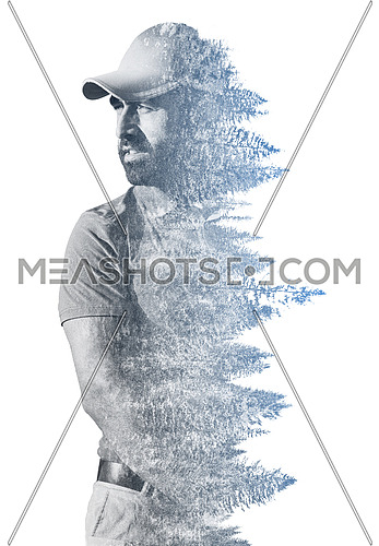 Double exposure of senior golf player holding club combined with green field