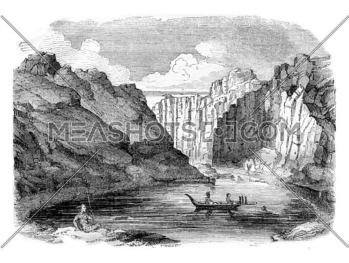 Marquesas Islands, View of the Bay of Tahiti, vintage engraved illustration. Magasin Pittoresque 1843.