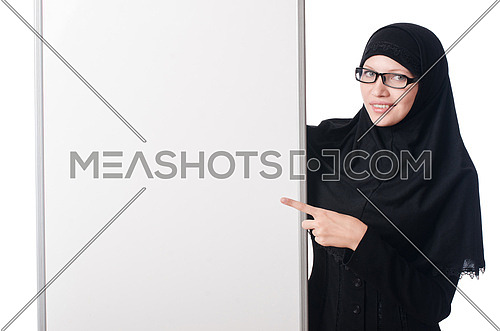 Muslim woman with blank board on white