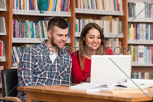 In The Library - Handsome Two College Students With Laptop And Books Working In A High School - University Library - Shallow Depth Of Field