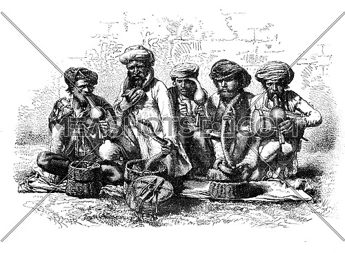 Snake charmers of India. - Drawing Sellier, vintage engraved illustration. Magasin Pittoresque 1875.
