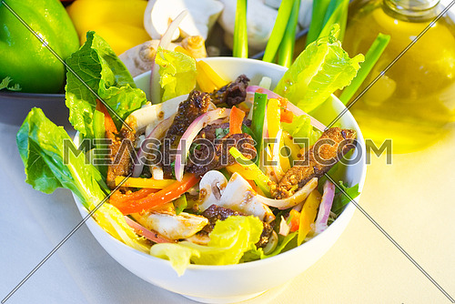 fresh colorfull thai beef salad on a bowl close up