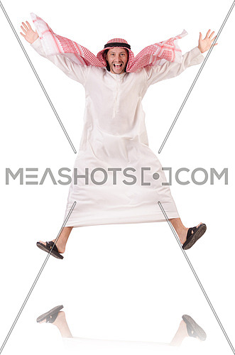 Jumping arab businessman isolated on the white