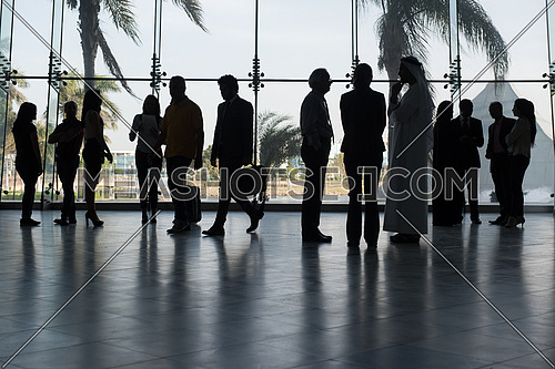 silhouette of multi ethnic people group on meeting and posing by window