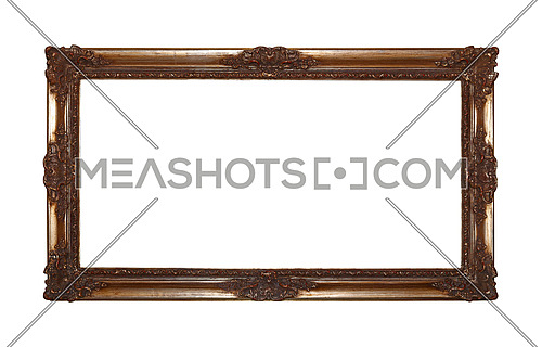 Antique old baroque ornate wooden classic dark golden painted horizontal rectangular frame for picture, photo or mirror, isolated on white background, close up