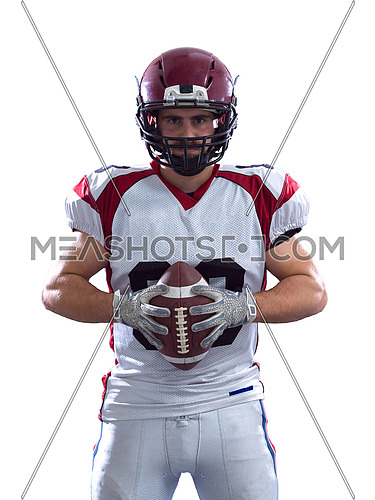 Portrait of a strong muscular American Football Player isolated on white