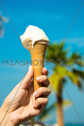 female hand holding ice cream biscuit cone