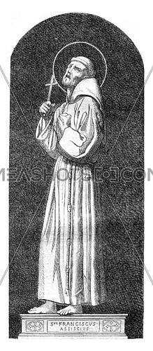 Saint Francis of Assisi, vintage engraved illustration. Magasin Pittoresque 1869.