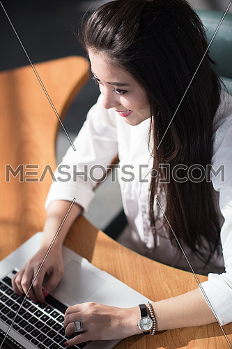 young female executive typing on a computer in a modern office