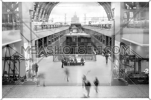 Double Exposure image of interior mall and exterior harbor