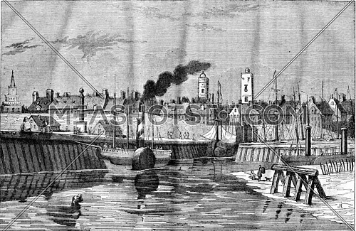View of the port and the city of Calais, department of Pas de Calais, vintage engraved illustration. Magasin Pittoresque 1836.
