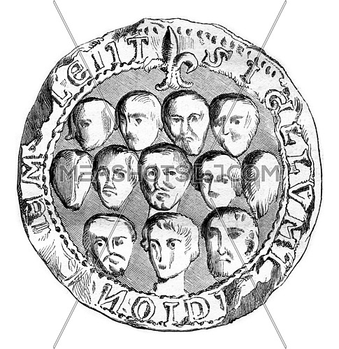 Seal of the municipal assembly of Meulan in 1195, vintage engraved illustration. Magasin Pittoresque 1861.