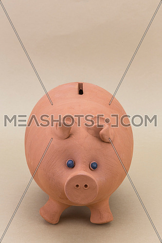 Kids Pink Piggy Bank Looking Forward, Isolated on brown Background
