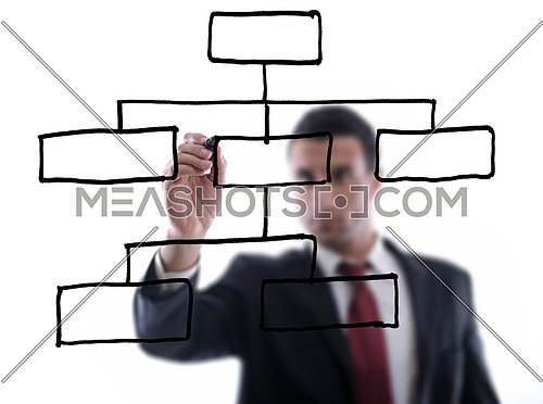 business man draw organisation flow chart isolated on white background  in studio