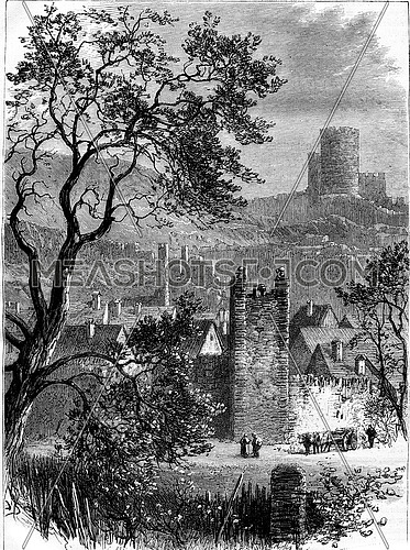 Ruins in Kaysersberg, Vosges, vintage engraved illustration. Magasin Pittoresque 1880.