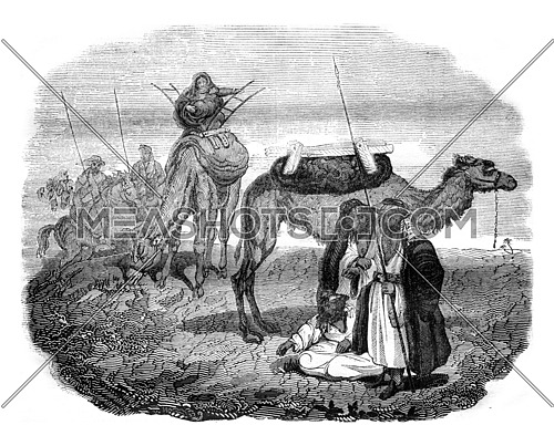 Arab Bedouins, after an engraving of the trip Mr. Leon Delaborde, vintage engraved illustration. Magasin Pittoresque 1836.