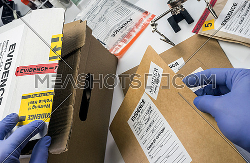 Police expert saved in a box records and evidence of a case of murder in the laboratory scientist