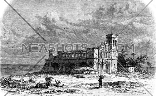 Remains of the Jesuit Church in St. Paul de Loanda, vintage engraved illustration. Magasin Pittoresque 1857.
