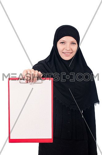 Woman with blank page on white