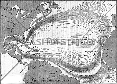 Map of the Gulf Stream, vintage engraved illustration. Magasin Pittoresque 1867.
