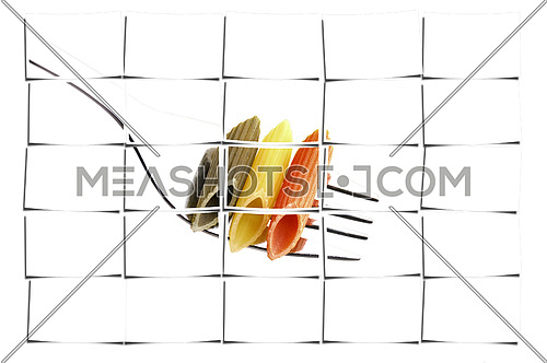 italian penne pasta on a fork ,on white background