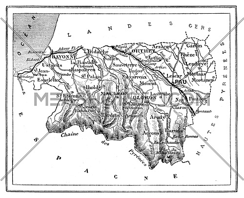 Map of the department of Lower Pyrenees, vintage engraved illustration. Journal des Voyages, Travel Journal, (1880-81).