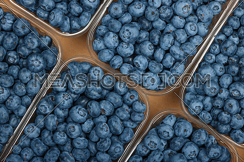 Close up several plastic containers of fresh ripe blueberry berries in brown cardboard box on retail display, elevated top view, directly above
