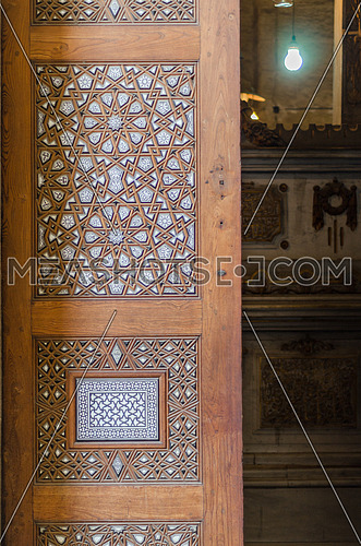 Close shot for the old wooden door of Al-Rifa'i Mosque, Cairo, Egypt