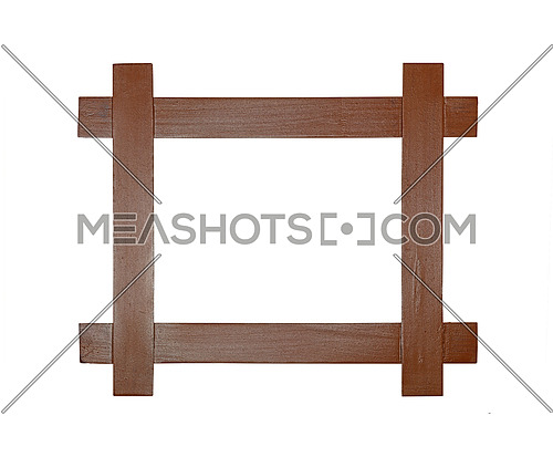 Simple minimalistic modern wooden frame for picture or photo made of crossed brown painted wood planks, isolated on white background, close up